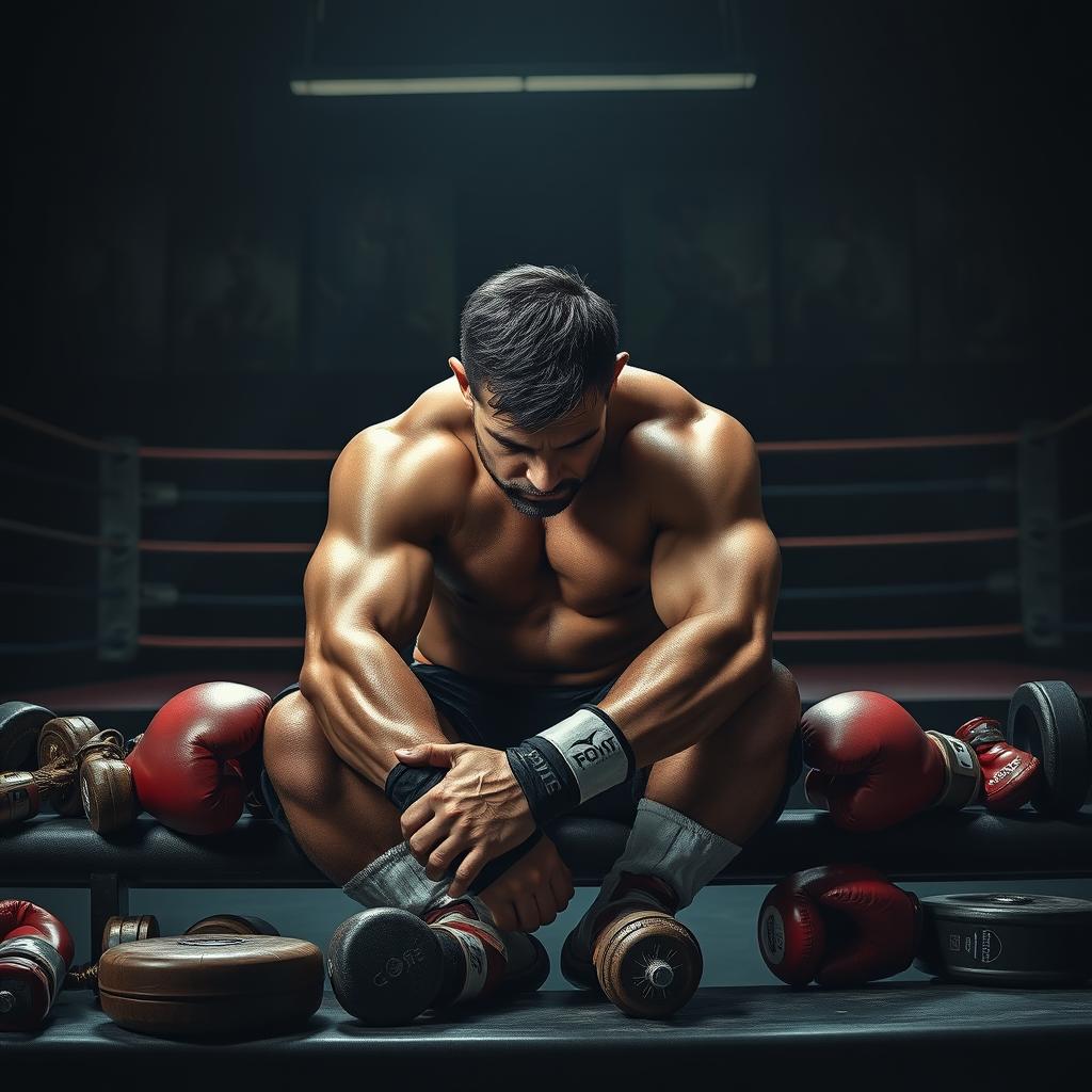 A melancholy scene featuring a muscular fighter sitting on a gym bench, his head bowed in despair, surrounded by boxing gloves and weights