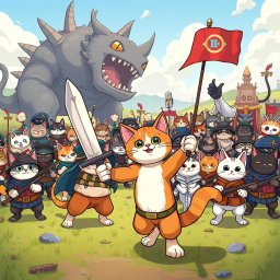 A vibrant and humorous animated scene inspired by 'The Battle Cats', depicting a whimsical battlefield filled with adorable anthropomorphic cats in various military costumes