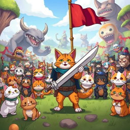 A vibrant and humorous animated scene inspired by 'The Battle Cats', depicting a whimsical battlefield filled with adorable anthropomorphic cats in various military costumes