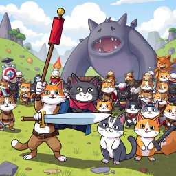 A vibrant and humorous animated scene inspired by 'The Battle Cats', depicting a whimsical battlefield filled with adorable anthropomorphic cats in various military costumes