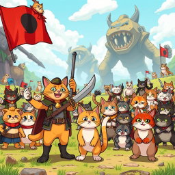 A vibrant and humorous animated scene inspired by 'The Battle Cats', depicting a whimsical battlefield filled with adorable anthropomorphic cats in various military costumes