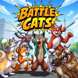 A vibrant and action-packed movie poster for 'Battle Cats', featuring a fierce and colorful illustration of cats engaged in an epic battle against dogs
