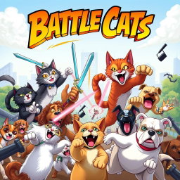 A vibrant and action-packed movie poster for 'Battle Cats', featuring a fierce and colorful illustration of cats engaged in an epic battle against dogs