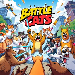 A vibrant and action-packed movie poster for 'Battle Cats', featuring a fierce and colorful illustration of cats engaged in an epic battle against dogs