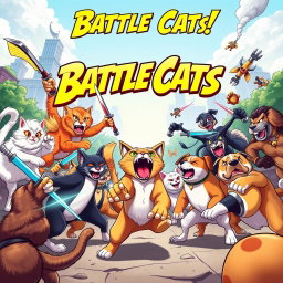 A vibrant and action-packed movie poster for 'Battle Cats', featuring a fierce and colorful illustration of cats engaged in an epic battle against dogs