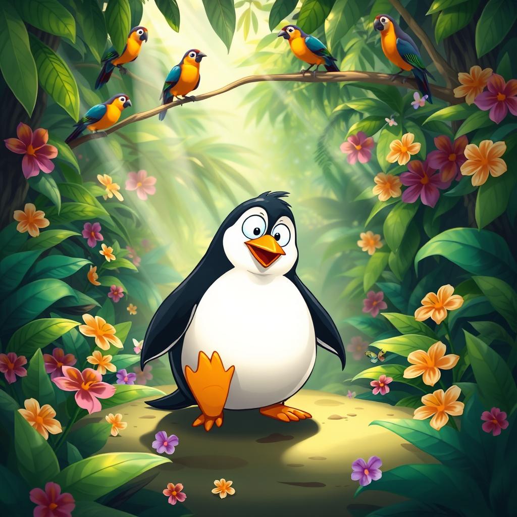A comical scene in a lush jungle featuring a quirky penguin humorously squatting down, with a surprised expression, as it poops