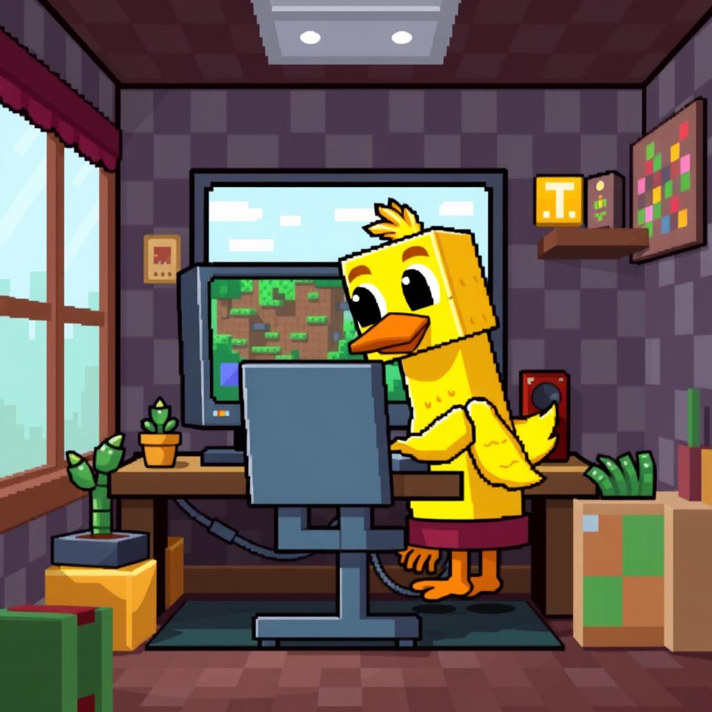 A pixel art scene featuring a cute, blocky duck from Minecraft sitting at a computer desk, playing on a PC
