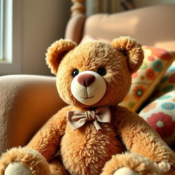A cute brown teddy bear named Aline, sitting in a cozy environment with soft lighting