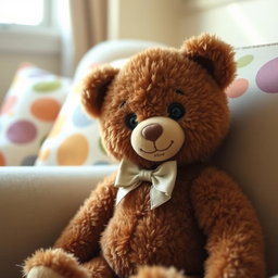 A cute brown teddy bear named Aline, sitting in a cozy environment with soft lighting