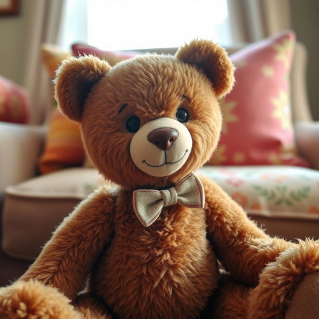 A cute brown teddy bear named Aline, sitting in a cozy environment with soft lighting