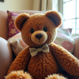 A cute brown teddy bear named Aline, sitting in a cozy environment with soft lighting