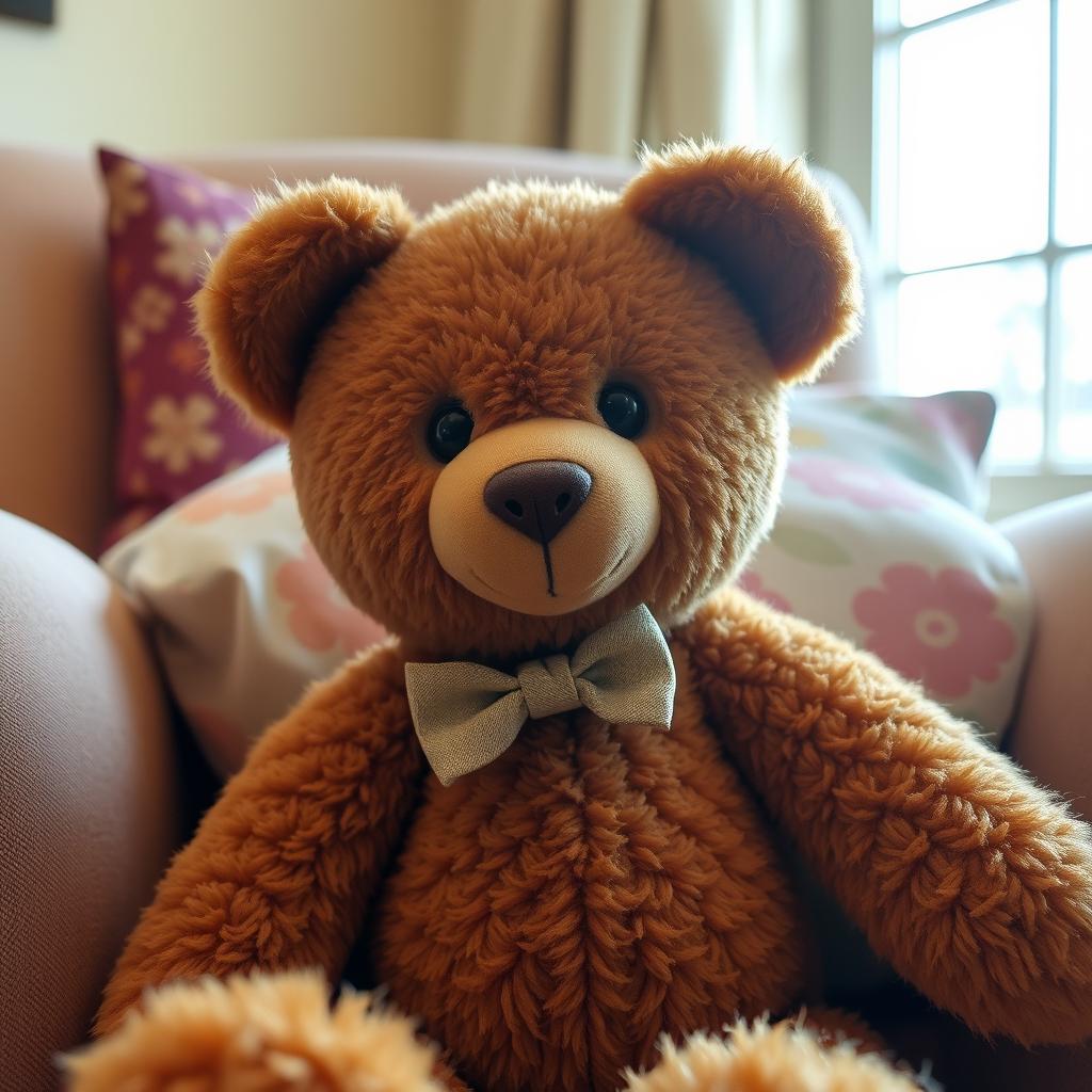 A cute brown teddy bear named Aline, sitting in a cozy environment with soft lighting
