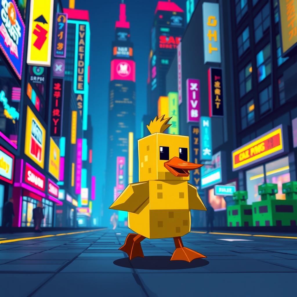 A pixel art representation of a cute duck character inspired by Minecraft, waddling through a vibrant cityscape filled with glowing neon lights