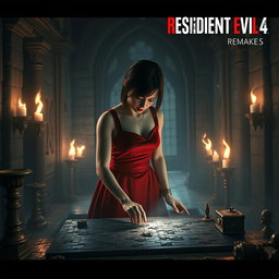 A captivating YouTube thumbnail featuring Ada Wong from the Resident Evil 4 Remake, elegantly dressed in her iconic red dress