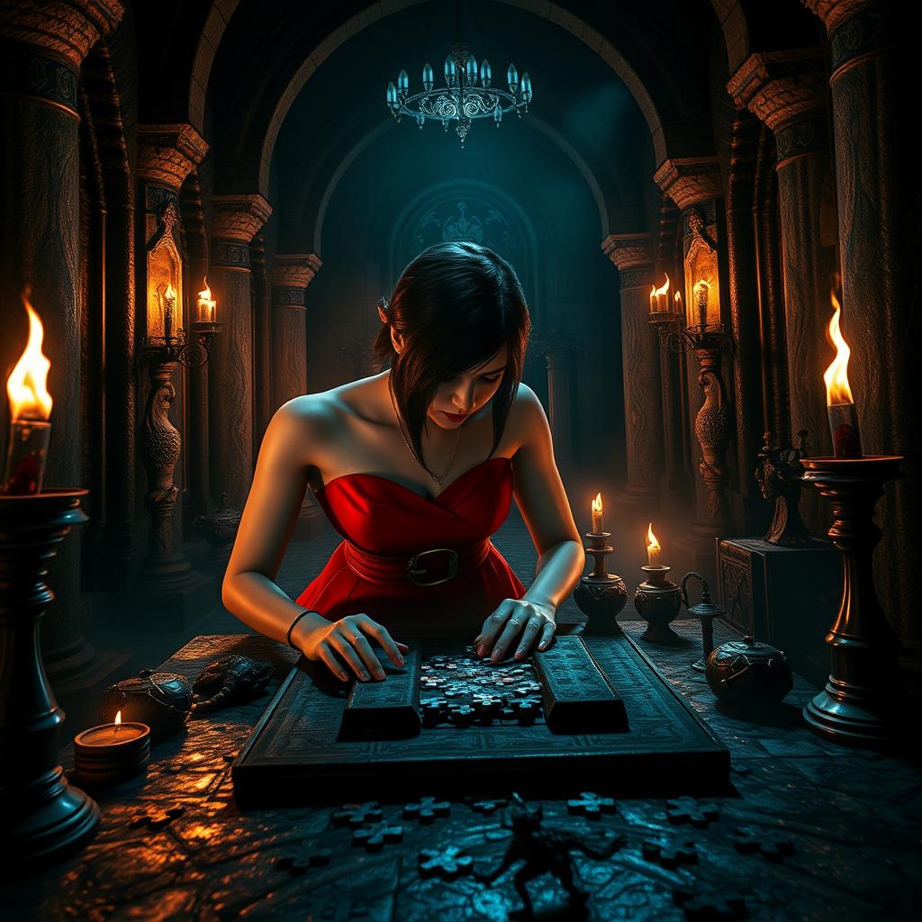 A captivating YouTube thumbnail featuring Ada Wong from the Resident Evil 4 Remake, elegantly dressed in her iconic red dress