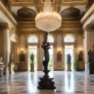 The grand foyer was amply decorated with exquisite sculptures and a stunning chandelier.
