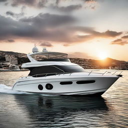 Generate images of a luxurious Riviera 34 Platinum boat, emphasizing its sleek design and premium features, docked at a picturesque harbor during a breathtaking sunset.