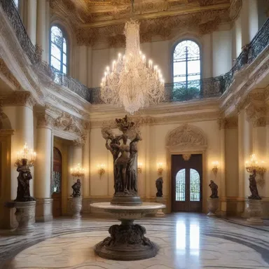 The grand foyer was amply decorated with exquisite sculptures and a stunning chandelier.