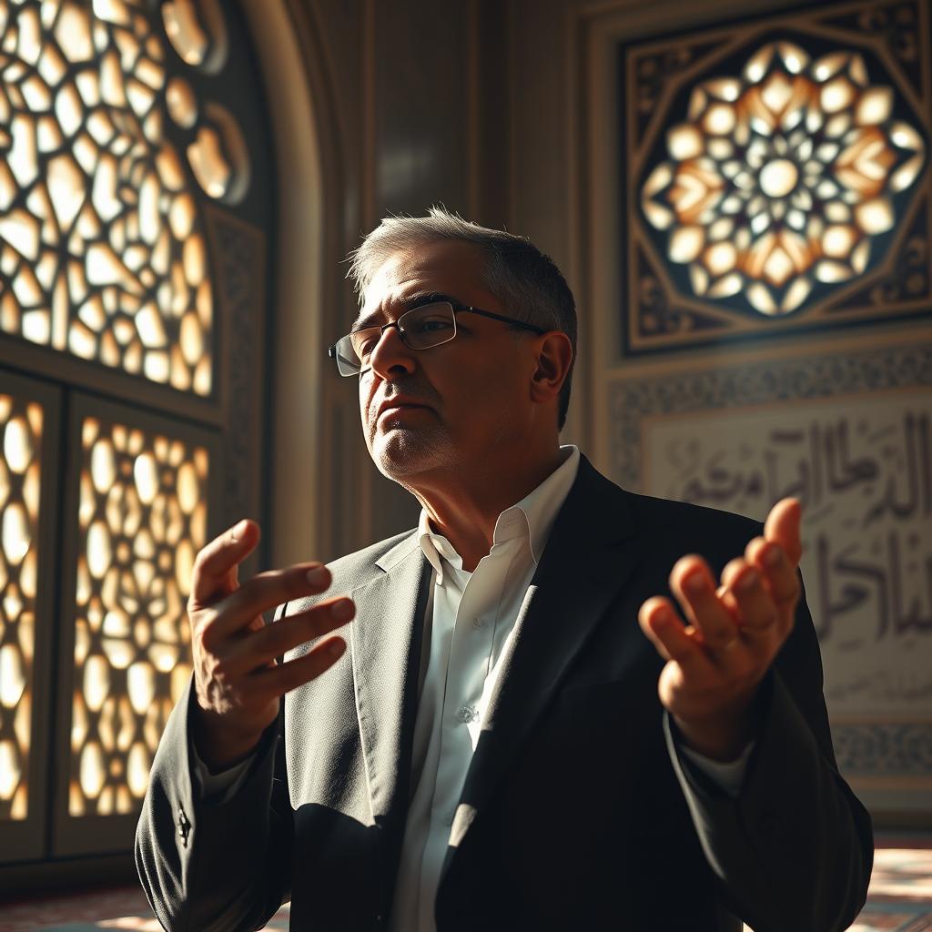 A serene and contemplative scene of a middle-aged man, resembling a government official with a dignified presence, engaged in a moment of deep prayer