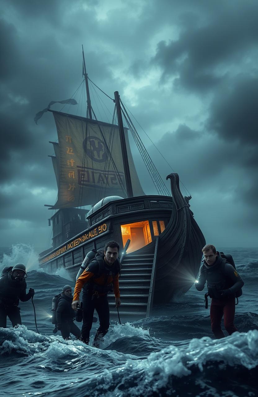 An adventurous scene depicting the discovery of an abandoned ancient ship on a mysterious, foggy ocean