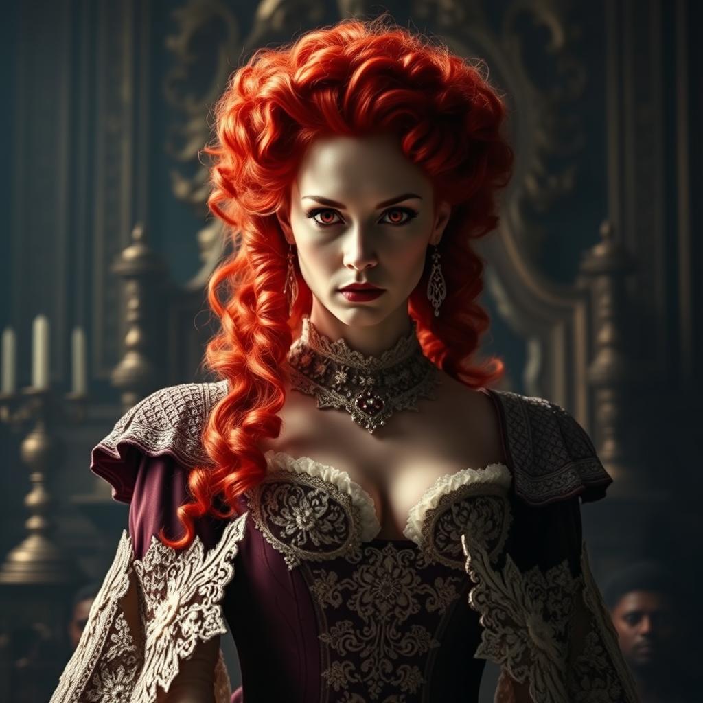 A regal Victorian queen with stunning curly red hair and vibrant red eyes that exude a fierce hunger for revenge