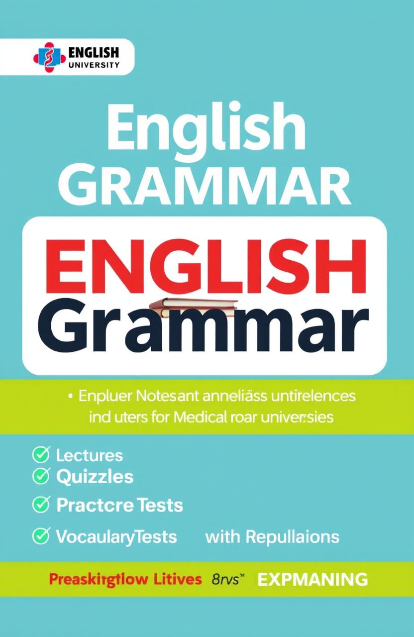 A visually appealing and informative cover design for an English Grammar book aimed at students preparing for Entrance Exams to Medical Universities