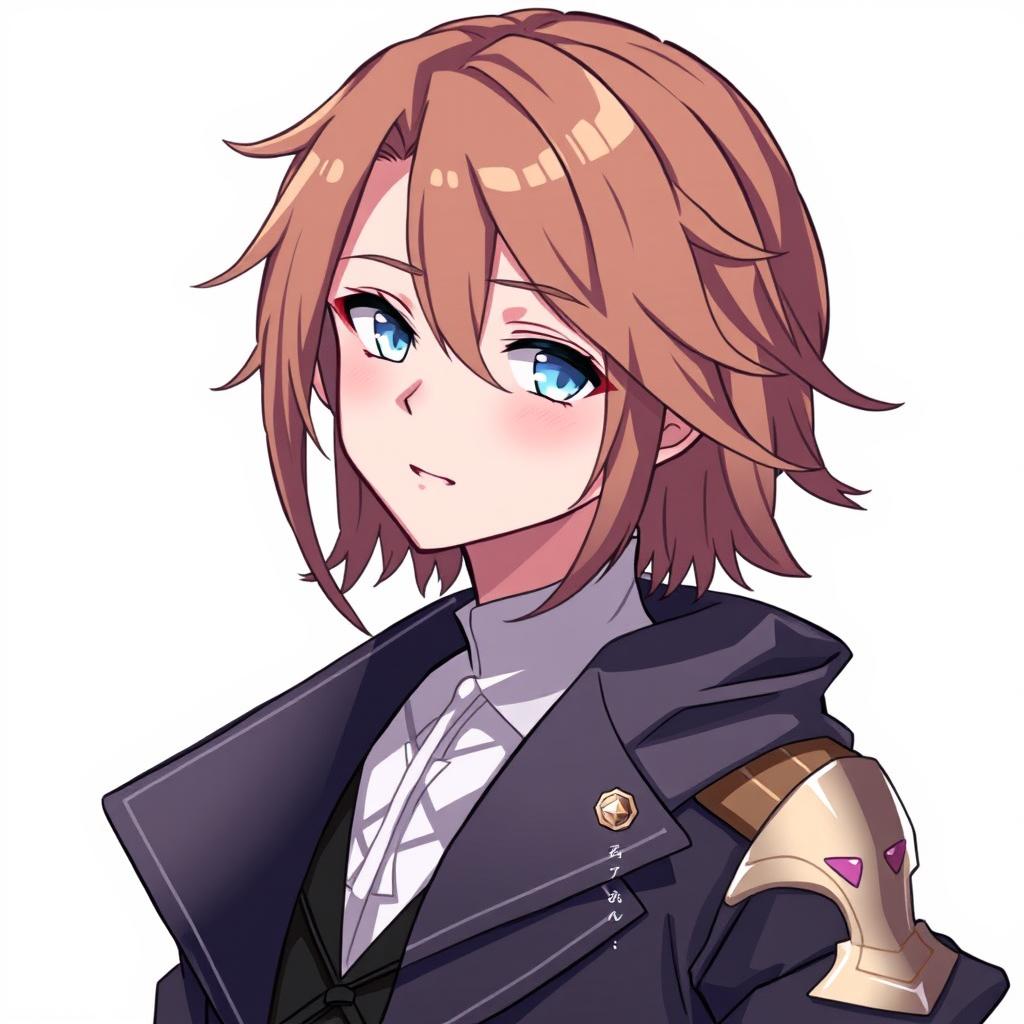 A male anime character visual novel sprite featuring beautiful mid-length brown hair