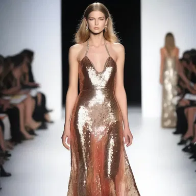 The runway model flaunted an amply sequined gown, catching everyone's attention.