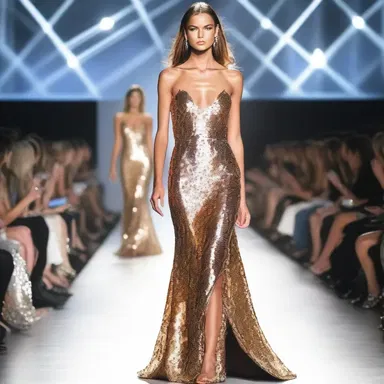 The runway model flaunted an amply sequined gown, catching everyone's attention.