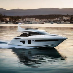 Generate images of a luxurious Riviera 34 Platinum boat, emphasizing its sleek design and premium features, docked at a picturesque harbor during a breathtaking sunset.