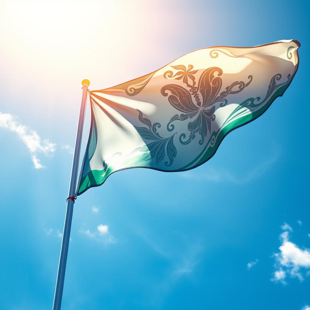 A stunning visualization of a bright, vivid flag fluttering in the wind against a backdrop of a pristine blue sky