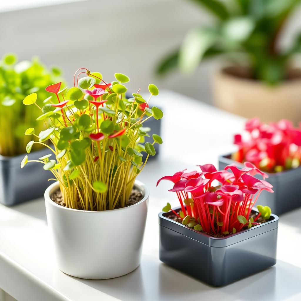A vibrant and visually appealing image of red amaranth microgreens growing in stylish, modern containers