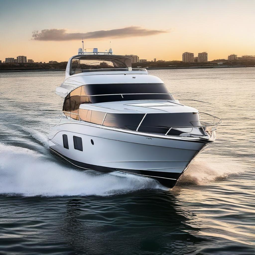 Generate images of a luxurious Riviera 34 Platinum boat, emphasizing its sleek design and premium features, docked at a picturesque harbor during a breathtaking sunset.