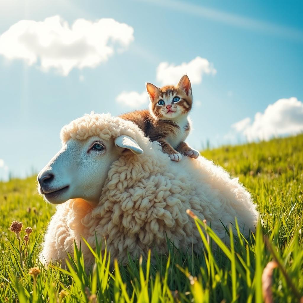 A small, adorable cat sitting comfortably atop a large, friendly sheep