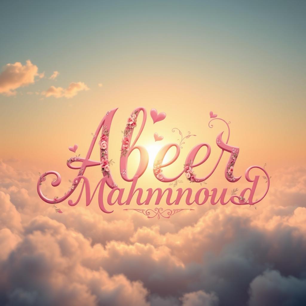 A beautiful and romantic artistic representation of the names 'Abeer' and 'Mahmoud' intertwined, elegantly flowing into each other, symbolizing love and connection