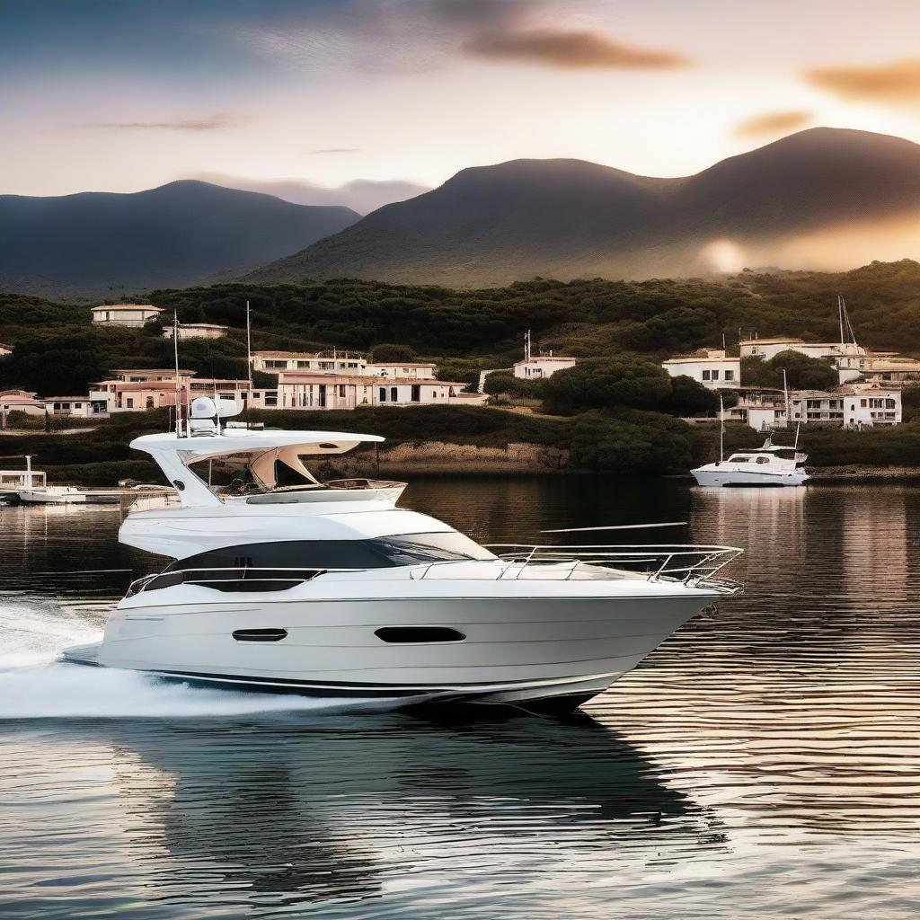 Generate images of a luxurious Riviera 34 Platinum boat, emphasizing its sleek design and premium features, docked at a picturesque harbor during a breathtaking sunset.