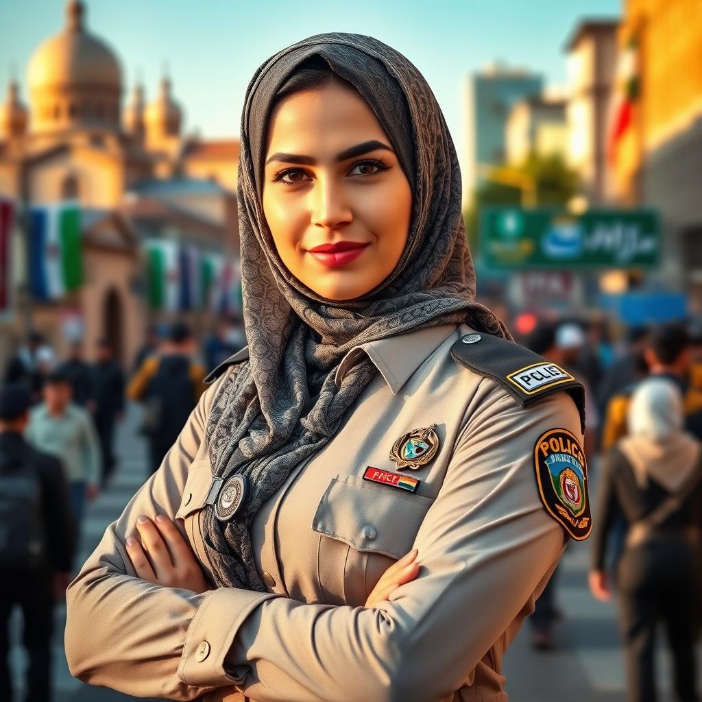 A confident Iranian policewoman wearing a traditional veil, standing assertively in a bustling urban environment