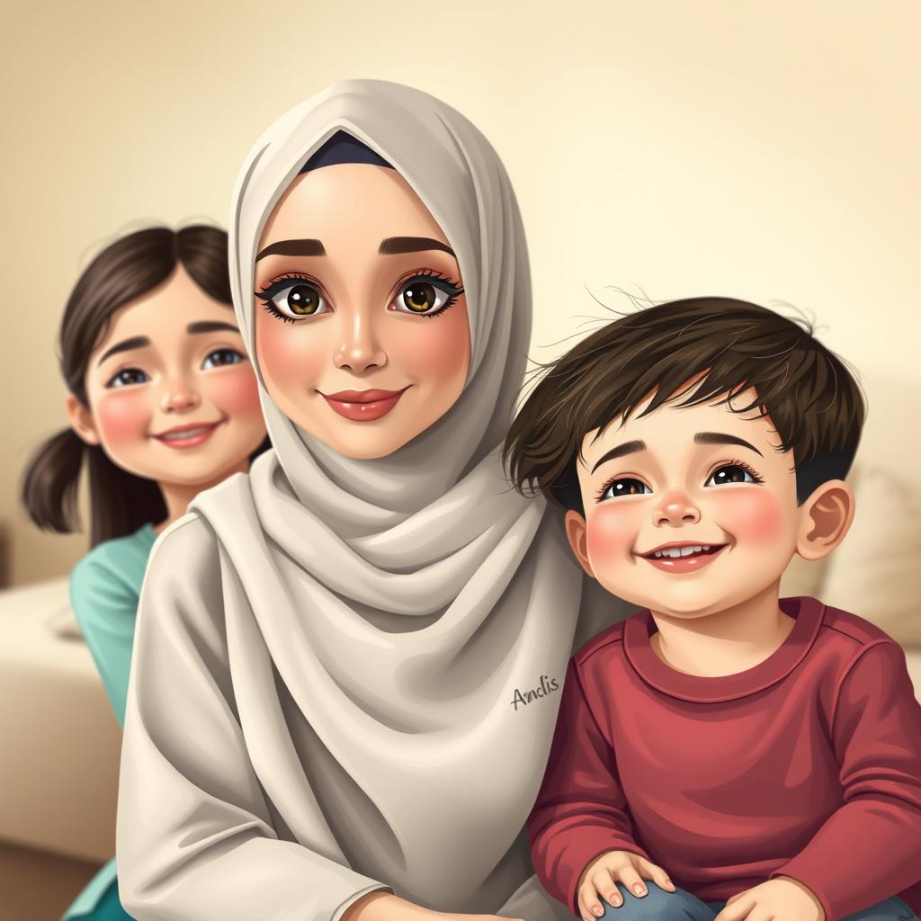 A short woman with fair skin and large eyes, wearing a stylish hijab