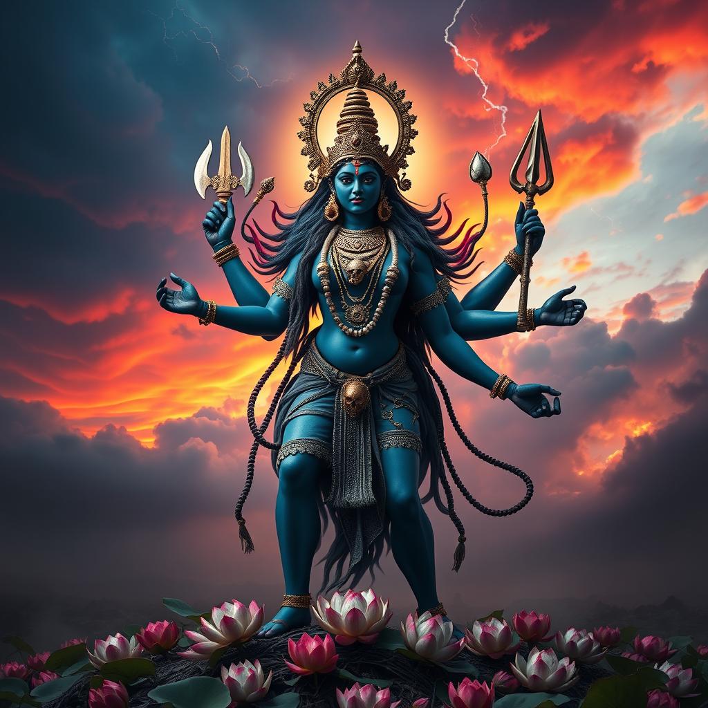 A powerful and mesmerizing representation of the Goddess Kali, standing in a fierce pose