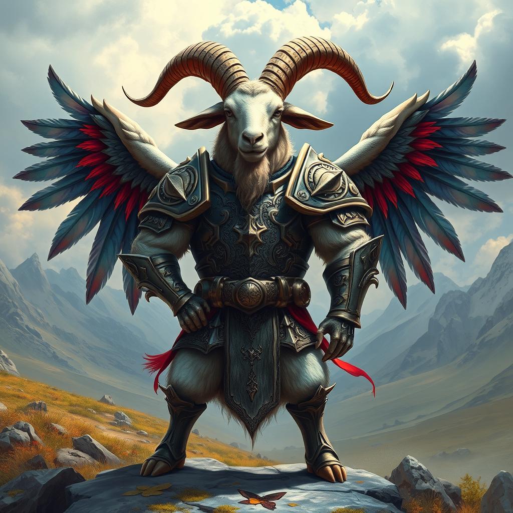 A burly goat standing proudly in a heroic pose, adorned with intricate war armor that glistens in the light, featuring sharp edges and detailed engravings