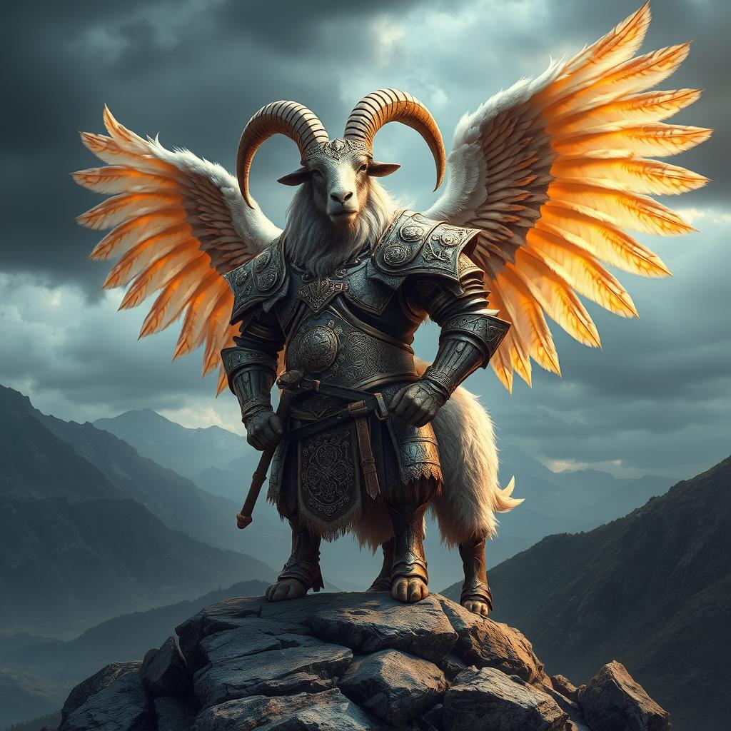 A majestic burly goat standing proudly, adorned in intricate war armor that gleams in the light