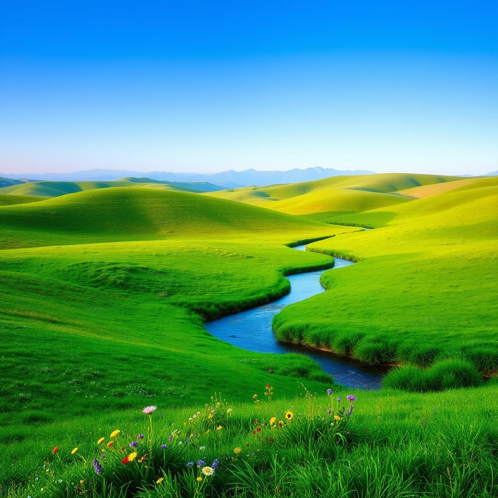 An artistic representation of a serene landscape photograph with rolling hills, vibrant green fields, and a clear blue sky
