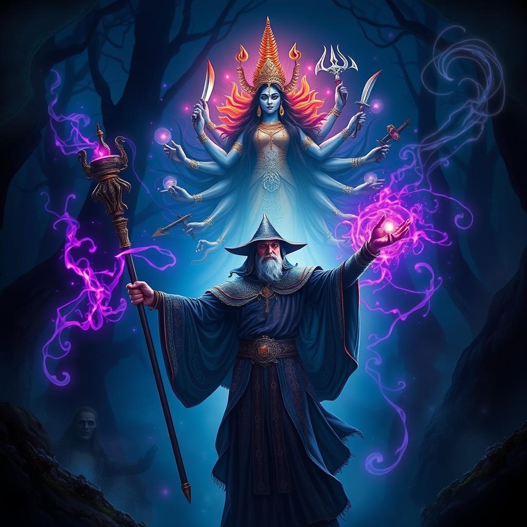 A mystical scene depicting a powerful wizard casting a spell dedicated to the DnD goddess Kali
