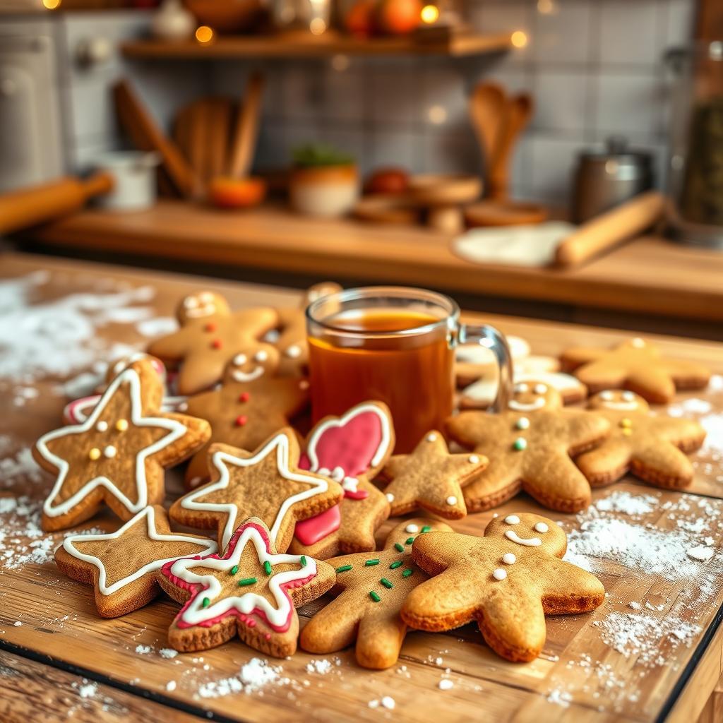 A beautifully arranged display of freshly baked gingerbread cookies, showing various shapes like stars, hearts, and gingerbread men