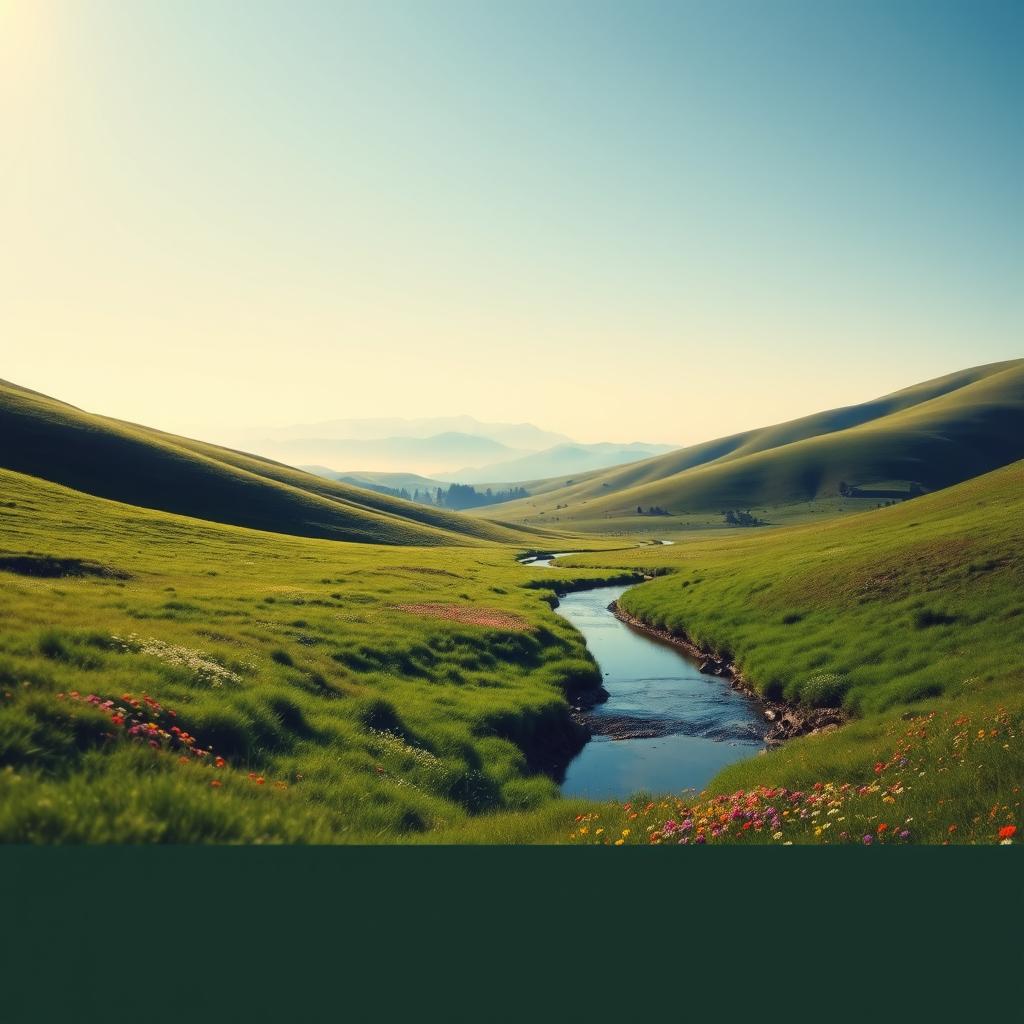 An artistic representation of a serene landscape photograph with rolling hills, vibrant green fields, and a clear blue sky