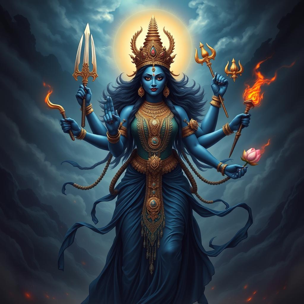 An awe-inspiring depiction of the goddess Kali, portrayed in her divine form with multiple arms, each holding various symbolic weapons such as a sword, a trident, and a lotus