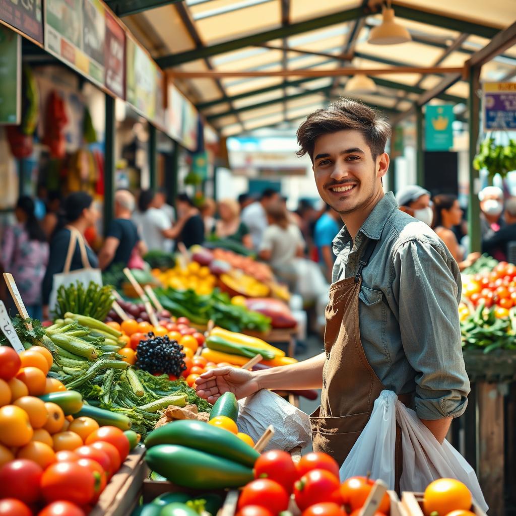 A young male vendor selling fresh fruits and vegetables at a bustling market