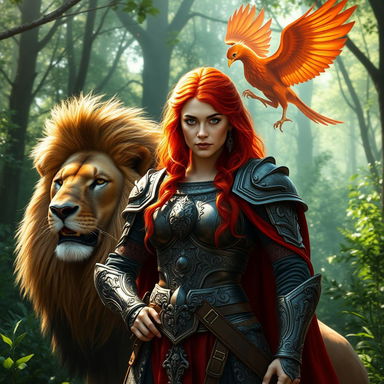 A medieval warrior queen with fiery red hair, wearing ornate armor, standing confidently beside a majestic lion and a mythical phoenix