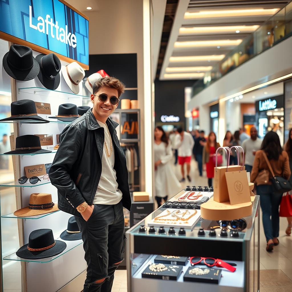 A young male vendor selling trendy clothing accessories at a modern mall