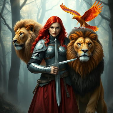 A medieval queen warrior with vibrant red hair, wearing a beautifully crafted suit of armor, stands boldly beside a majestic lion and a mythical phoenix